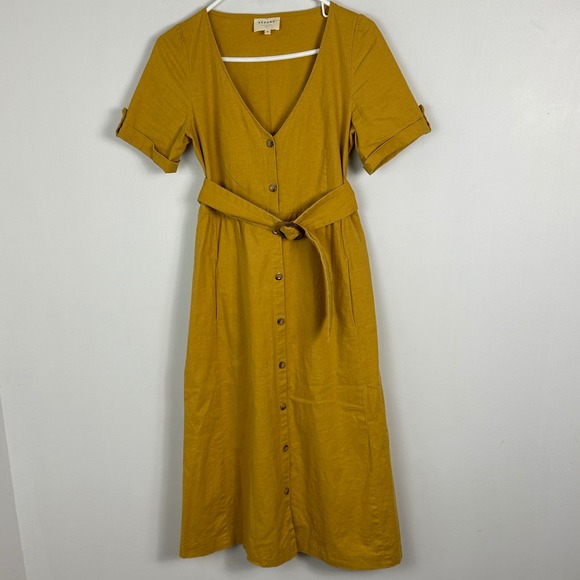 Sezane Linen Marianna Dress Curry Golden Yellow Belted Womens Sz 36 French US 34 - Picture 3 of 16